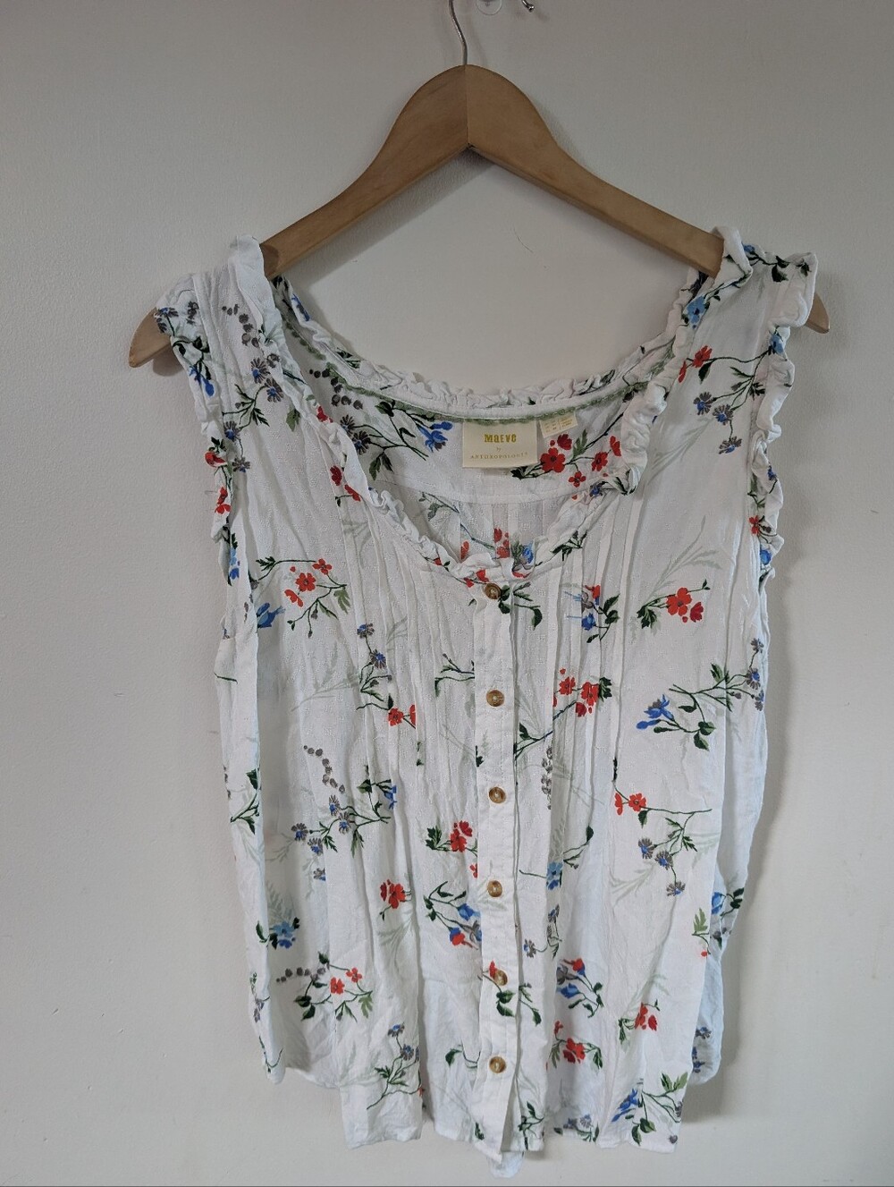 Anthropologie Maeve Floral Ruffle Sleeveless Pintuck Button Down Blouse Sz 10